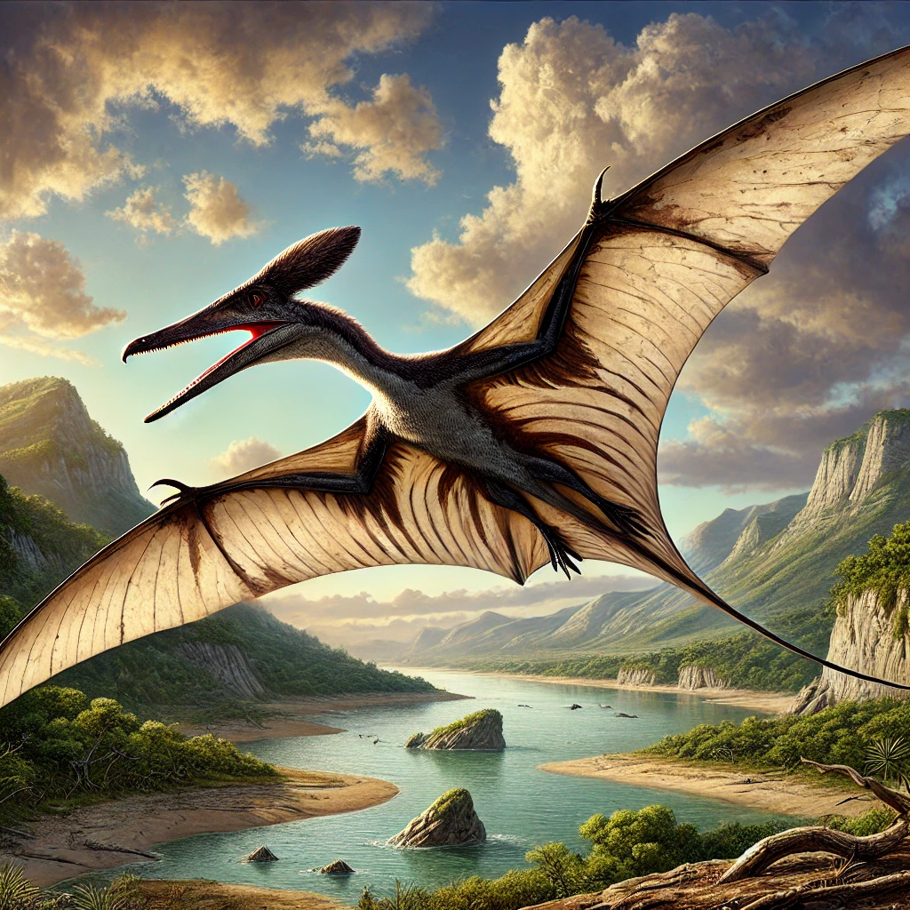 Jurassic Pterosaur flying with his long wings and tail and ,sharp tooth searching for prey over a valley