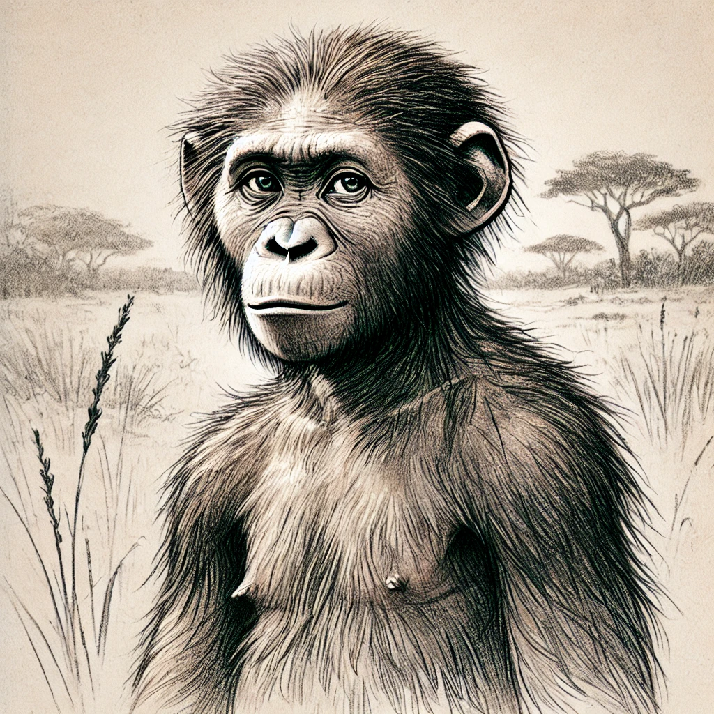 black and white sketch of Lucy , the 4.5 million  yrs old ancestor of humans 