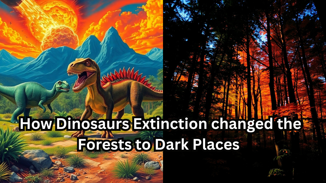 Collage of Dinosaurs in left side and dark forest image on right and text overlays is How Dinosaurs Extinction changed the Forests to Dark Places