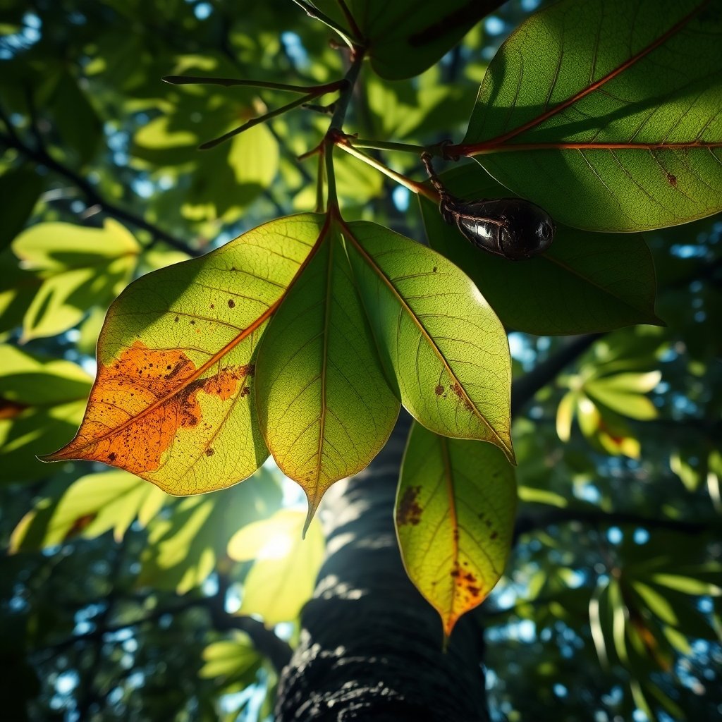 image of leaves of tree with insects on it 