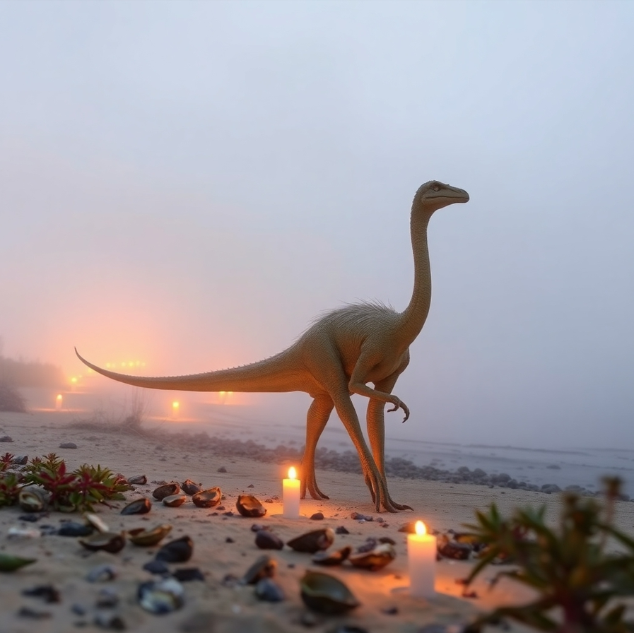 a statue of Mexidracon longimanus in front of sea  with candles as decoration