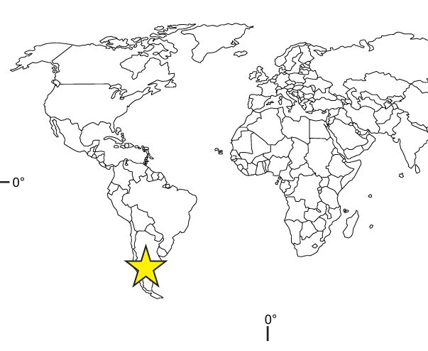 Yellow star showing location of  Argentina's Laguna del Hunco site on map where Eucalyptus frenguelliana was examined 