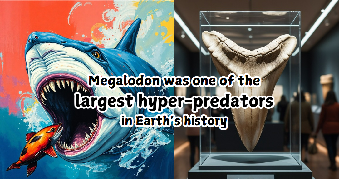 collage of Megalodon image catching prey in left and right side image of Megalodon teeth in a museum