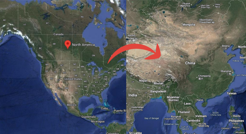 globe image of North America and south China which shows migration of Lambeosaurini from North America to China