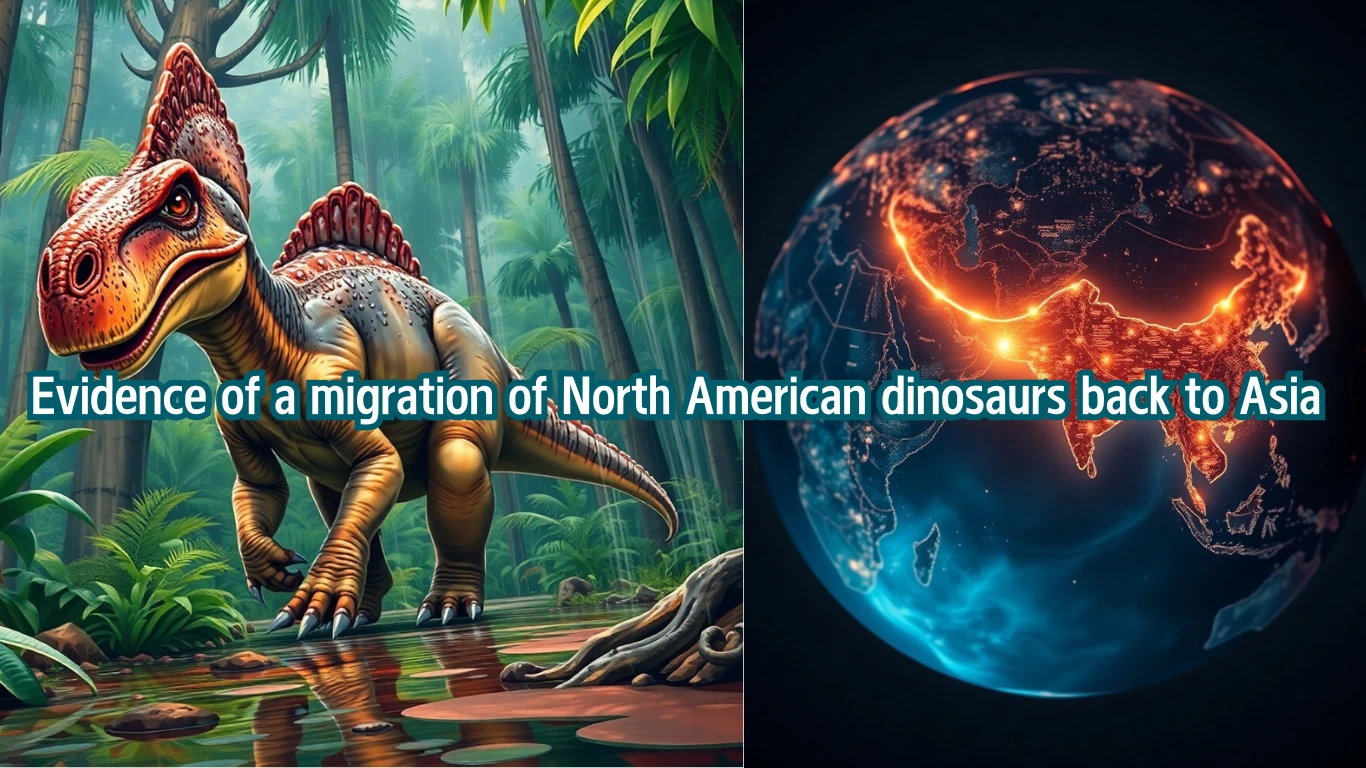 COLLAGE OF Lambeosaurini dinosaurs in the left and globe in the right and text overlay Evidence of a migration of North American dinosaurs back to Asia