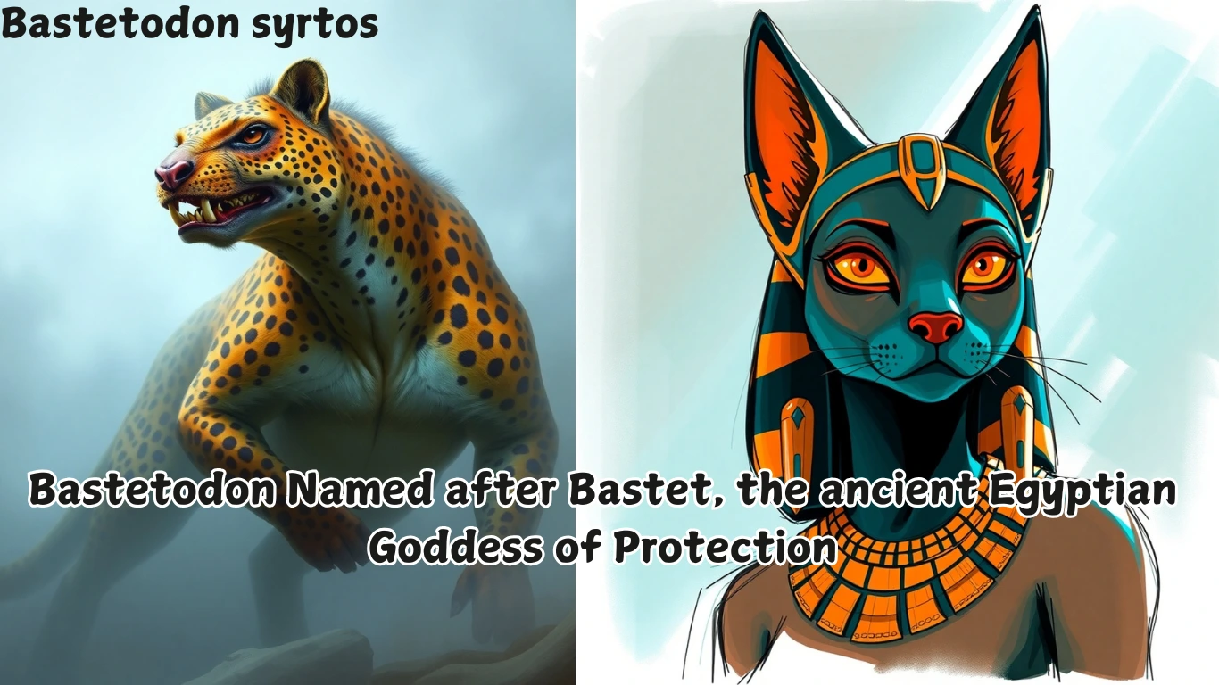 Collage of Bastetodon syrtos on left and Egypt goddess on right and text overlay says Bastetodon Named after Bastet, the ancient Egyptian Goddess of Protection