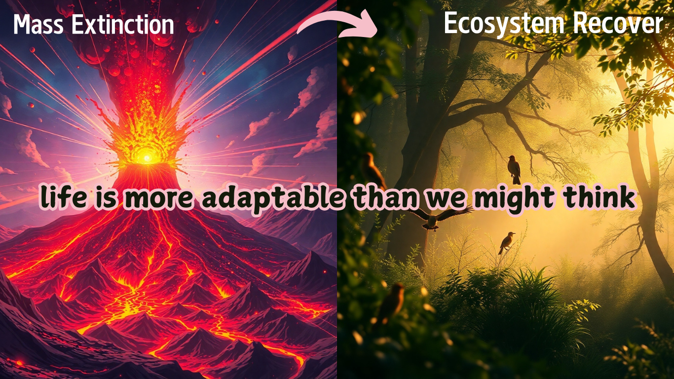 Collage with left image showing mass extinction on earth and on right ecosystem recovery image and text overlay says life is more adaptable than we might think