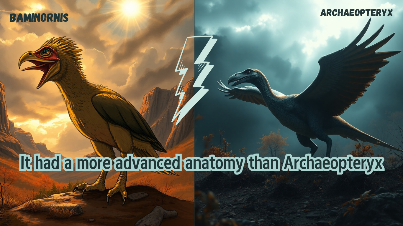 collage of Baminornis on left and archaeopteryx on the right and overlay text says It had a more advanced anatomy than Archaeopteryx